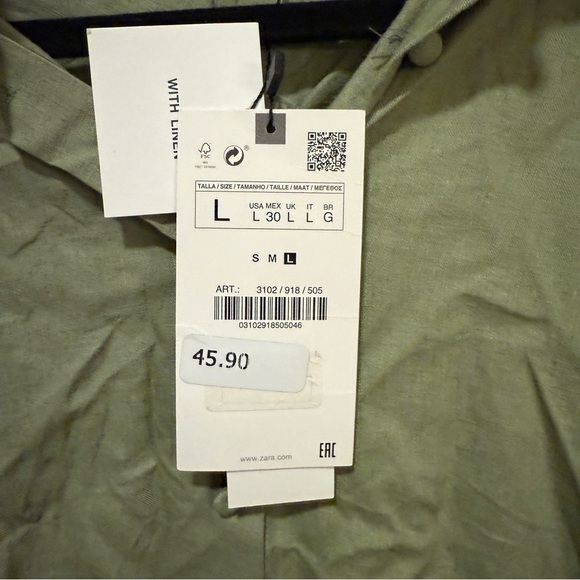 NWT ZARA Olive Green Linen Open Back Tie Blouse L - Picture 4 of 8